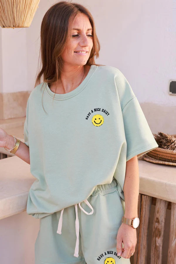Light Olive Smiley Face Jersey Knit Tee