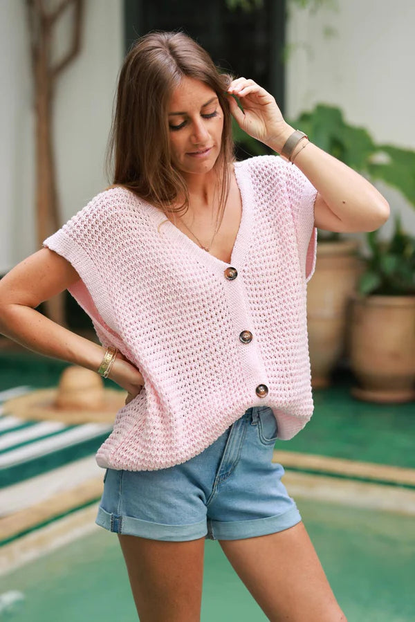 Light Pink Chunky Knit Cap-Sleeve Cardigan