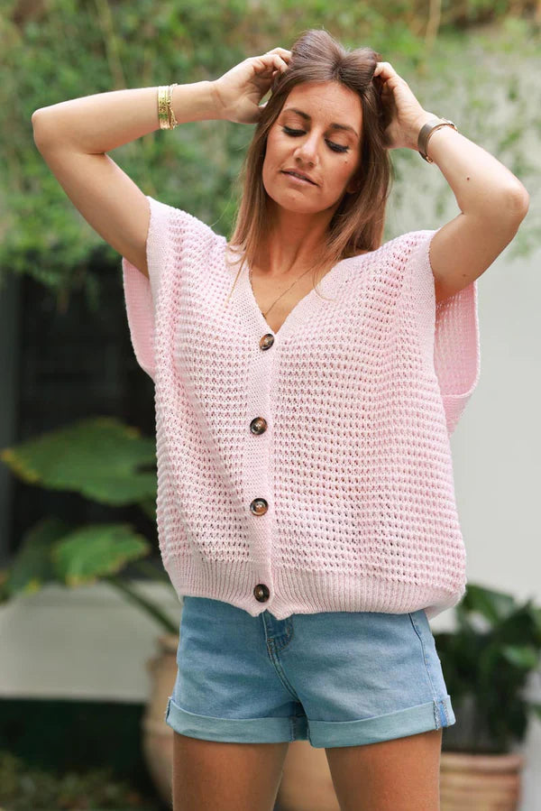 Light Pink Chunky Knit Cap-Sleeve Cardigan