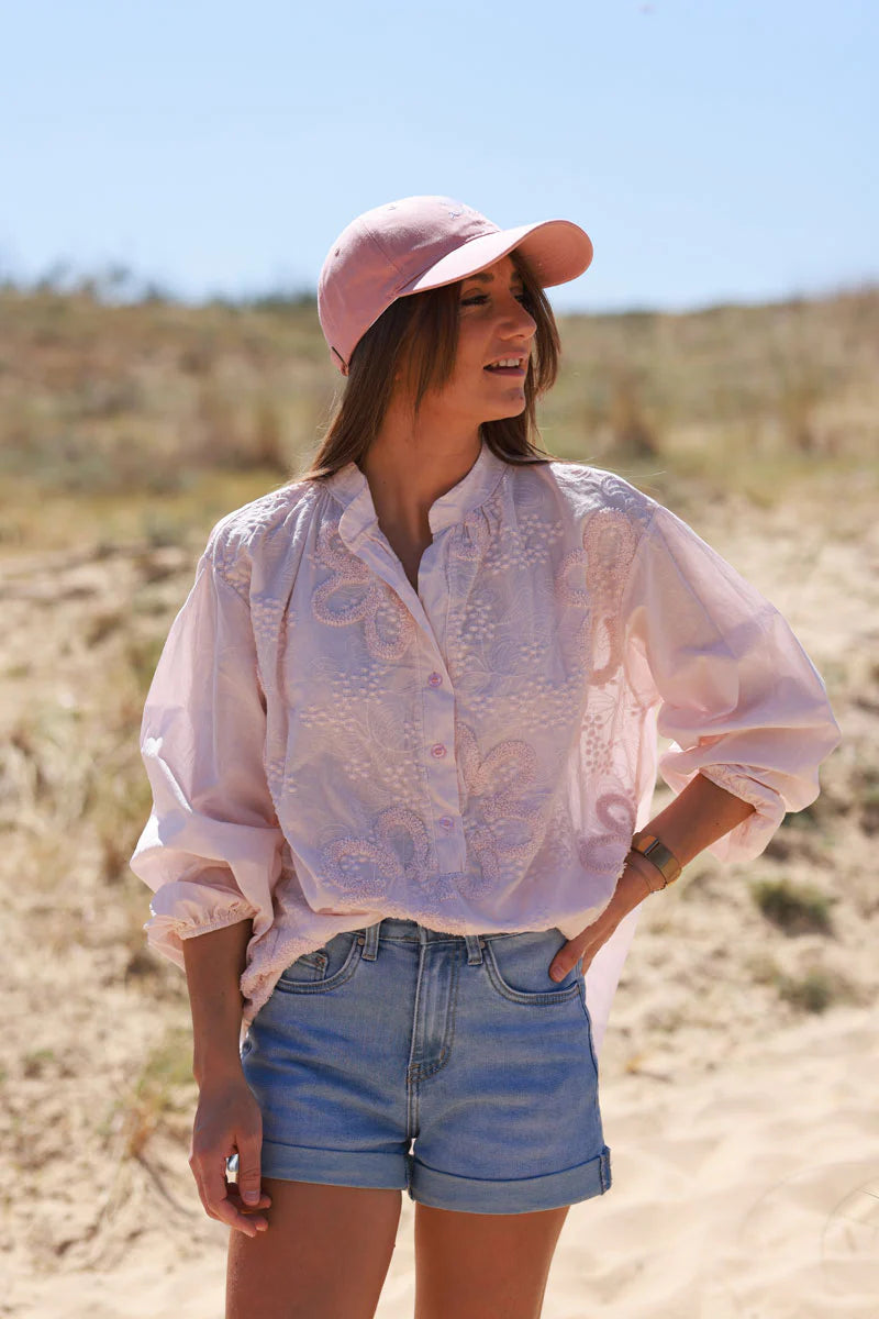 Blush Pink Gauze Boucle Embroidered Blouse