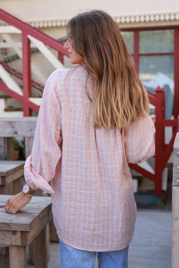 Light Pink Plaid Open Weave Button-Down Blouse