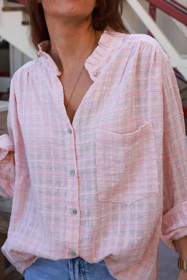 Light Pink Plaid Open Weave Button-Down Blouse