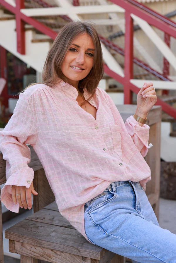 Light Pink Plaid Open Weave Button-Down Blouse