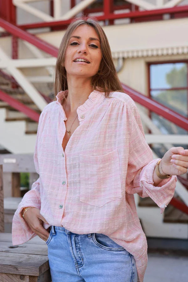 Light Pink Plaid Open Weave Button-Down Blouse