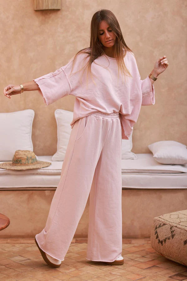 Light Pink Raw Hem Casual Jersey Pants