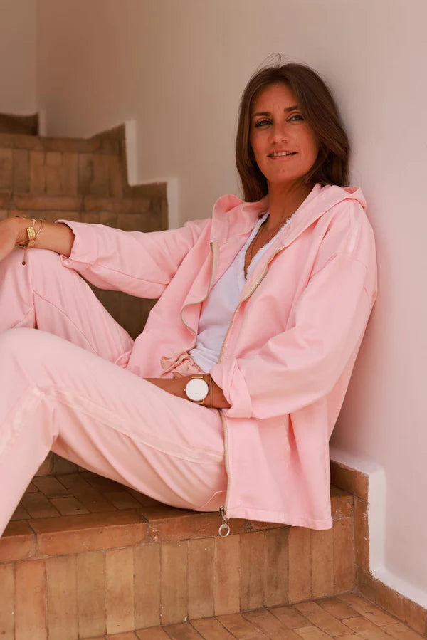 Light Pink Satin Stripe Stretch Knit Zip Hoodie