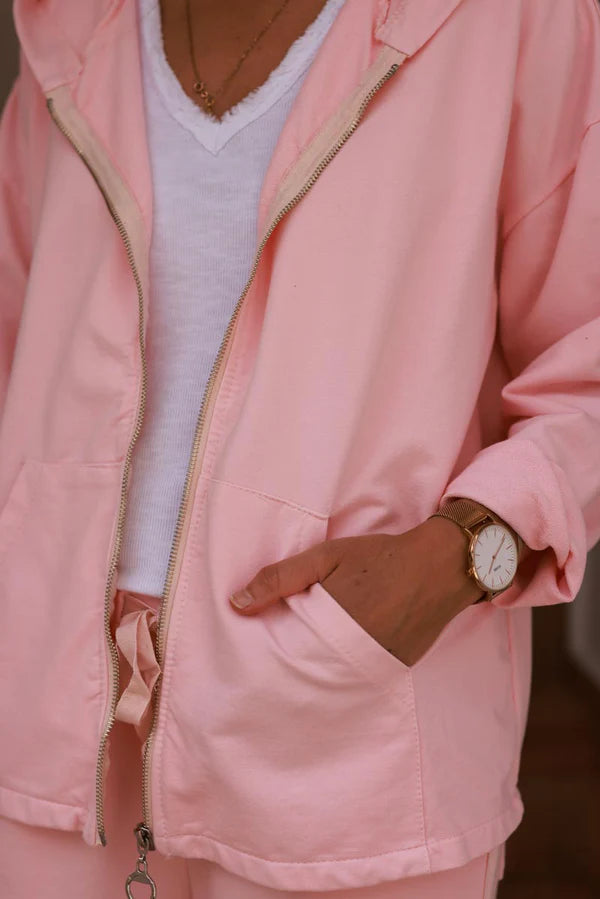 Light Pink Satin Stripe Stretch Knit Zip Hoodie