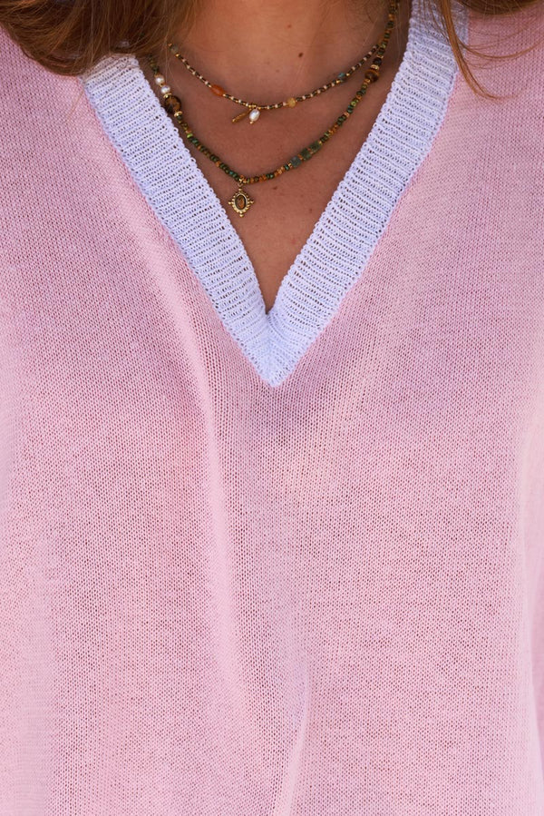 Light Pink V-Neck Knit Poncho