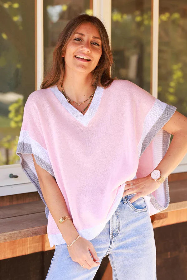 Light Pink V-Neck Knit Poncho