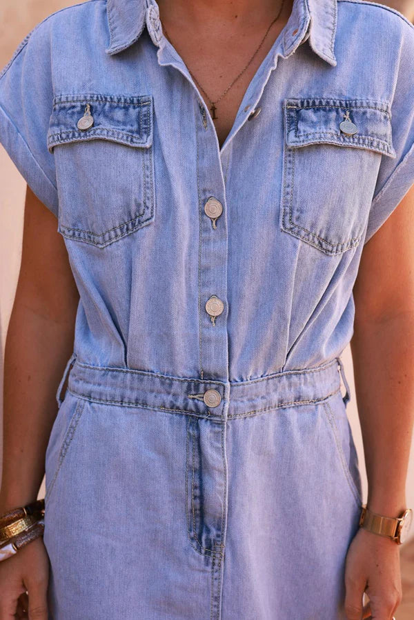 Light Wash Denim Cap Sleeve Maxi Dress