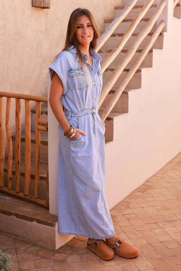 Light Wash Denim Cap Sleeve Maxi Dress