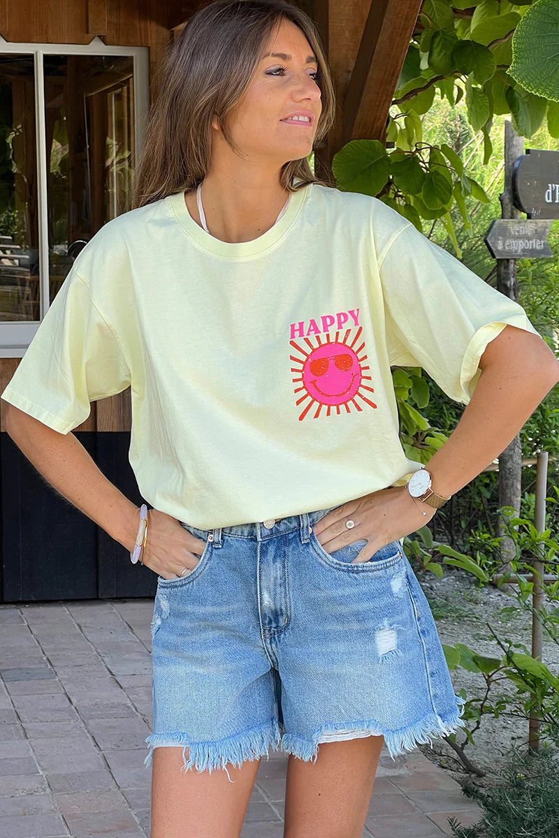 Light yellow Happy Sun Screen Print Tee
