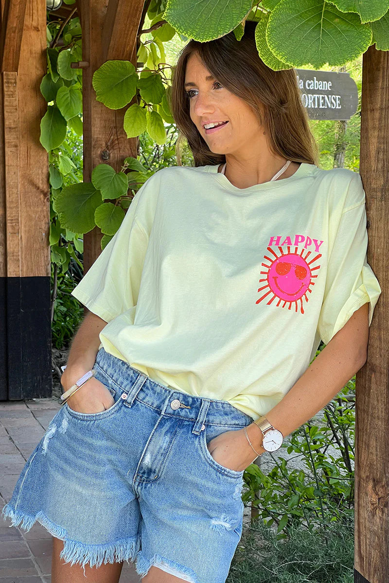 Light yellow Happy Sun Screen Print Tee