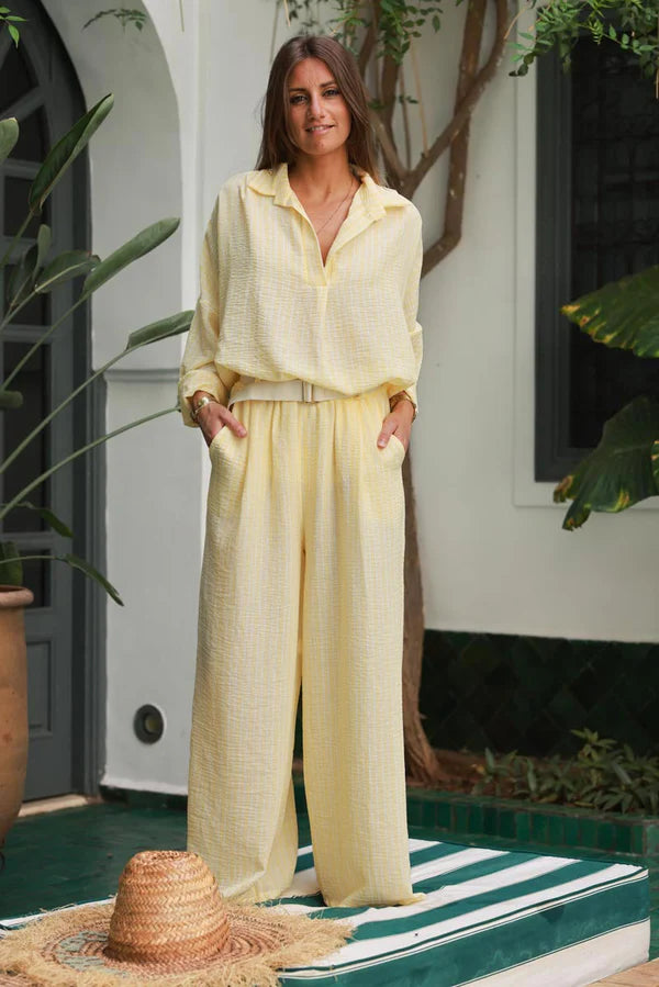 Butter Yellow Pinstripe Woven Wide-Leg Pants