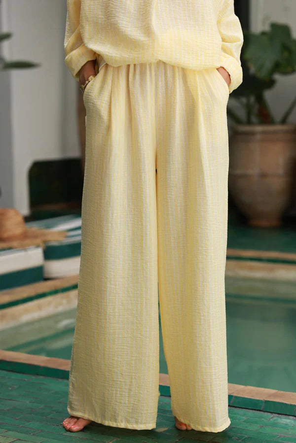 Butter Yellow Pinstripe Woven Wide-Leg Pants