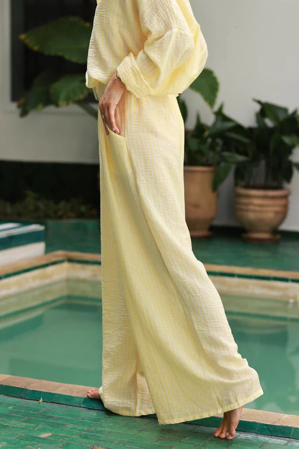 Butter Yellow Pinstripe Woven Wide-Leg Pants