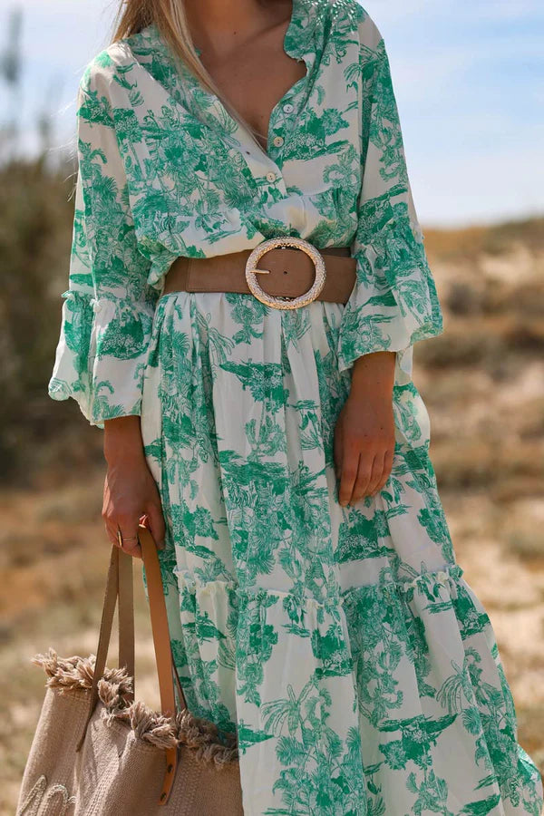 Tiered maxi dress with toile de jouy green print - Horizons Lointains Tiered maxi dress with toile de jouy green print - Horizons Lointains