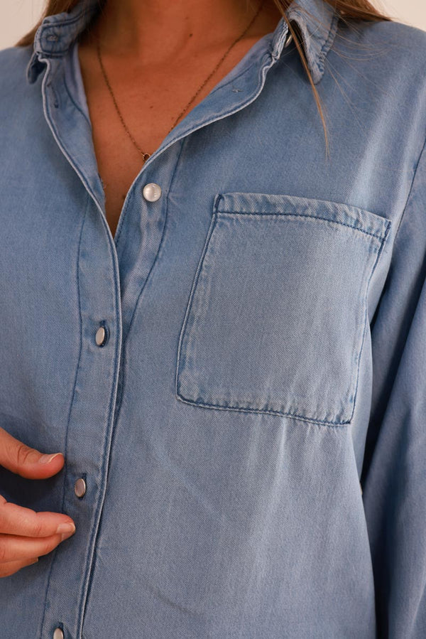 Medium Blue Denim Look Button-Down Shirt
