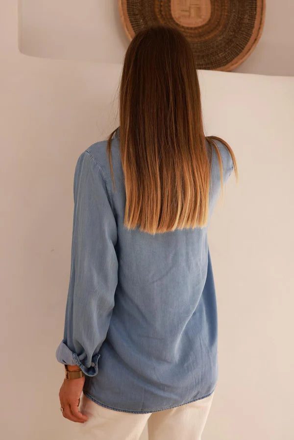 Medium Blue Denim Look Button-Down Shirt