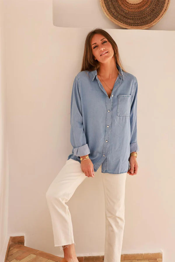 Medium Blue Denim Look Button-Down Shirt