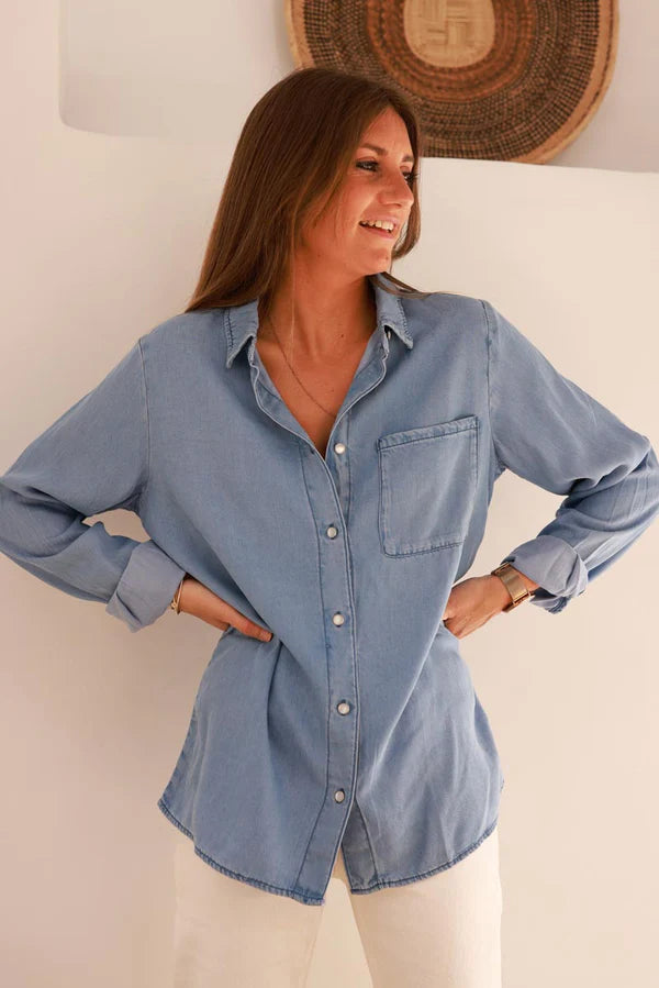 Medium Blue Denim Look Button-Down Shirt