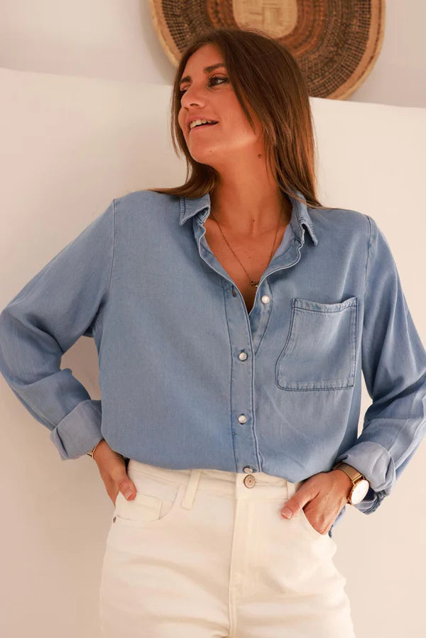 Medium Blue Denim Look Button-Down Shirt