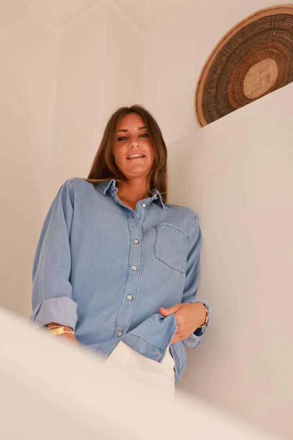Medium Blue Denim Look Button-Down Shirt