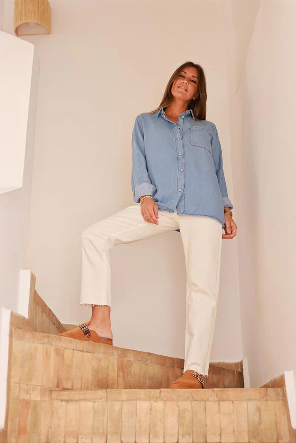 Medium Blue Denim Look Button-Down Shirt