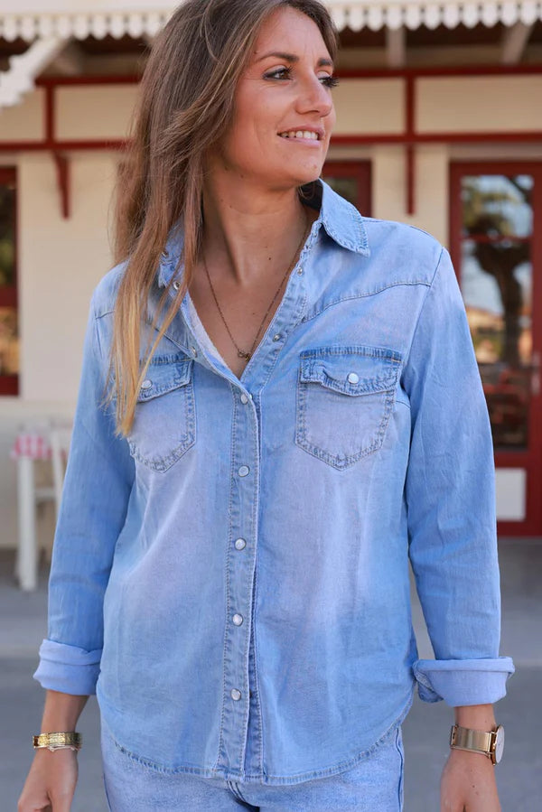 Medium Wash Classic Denim Snap Button-Down Shirt
