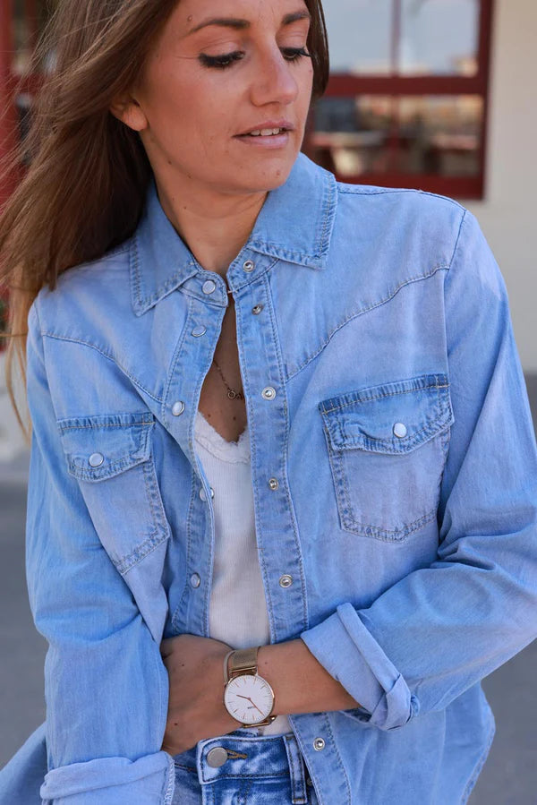 Medium Wash Classic Denim Snap Button-Down Shirt