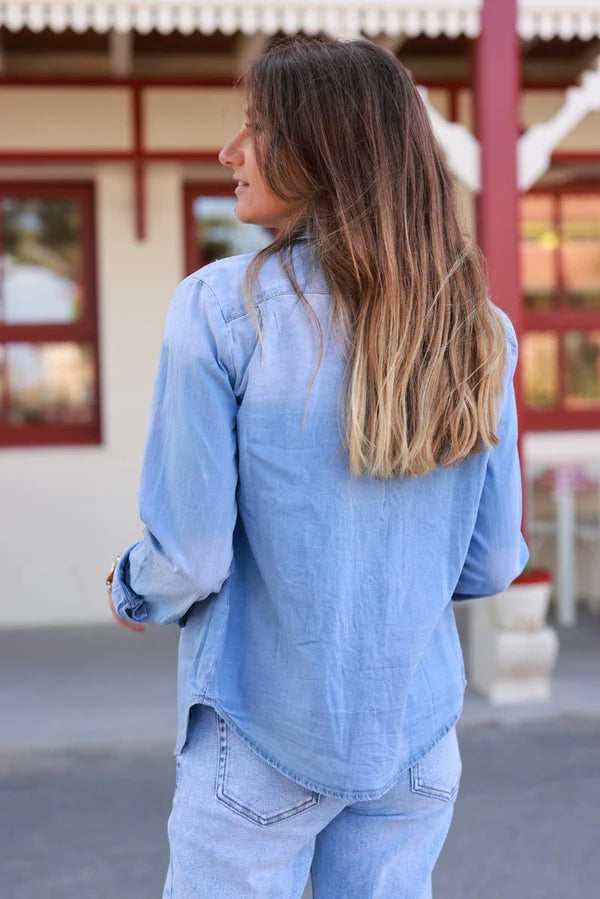 Medium Wash Classic Denim Snap Button-Down Shirt