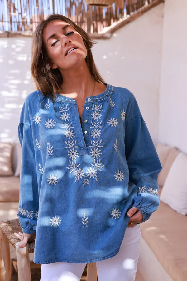 Medium Wash Embroidered Denim Tunic