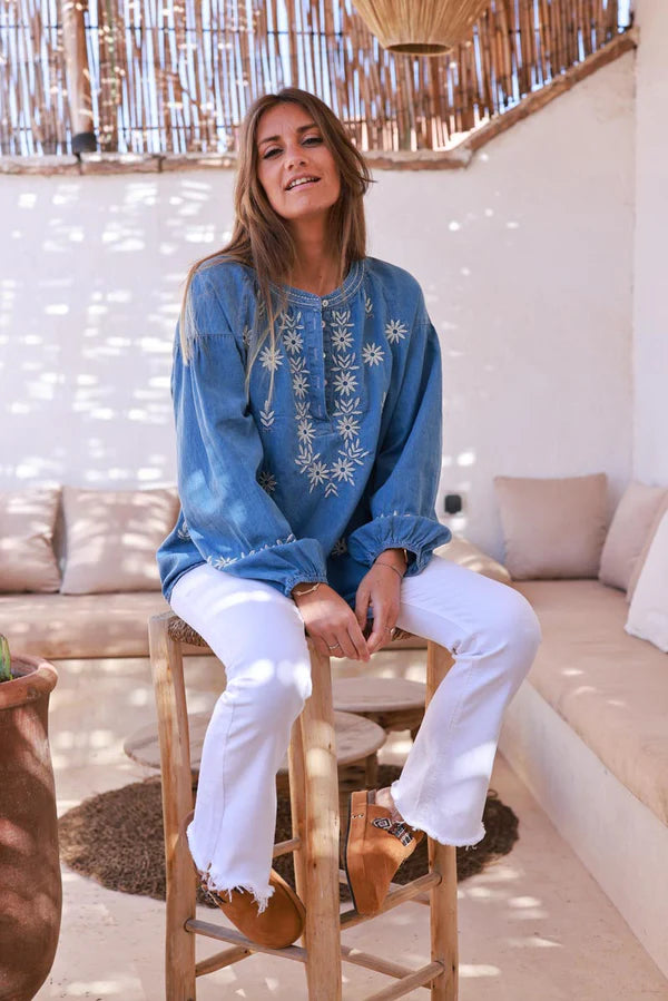 Medium Wash Embroidered Denim Tunic