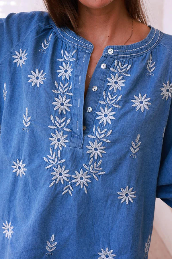 Medium Wash Embroidered Denim Tunic