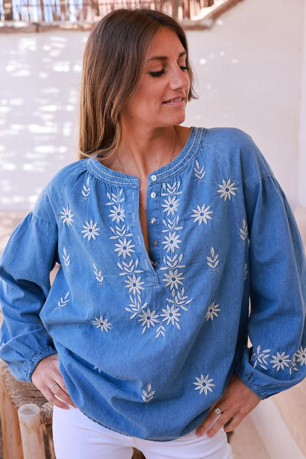 Medium Wash Embroidered Denim Tunic