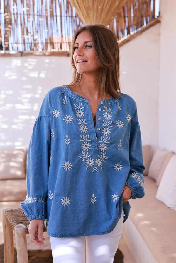 Medium Wash Embroidered Denim Tunic