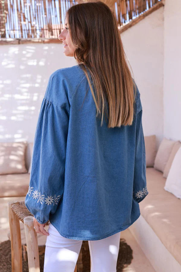 Medium Wash Embroidered Denim Tunic