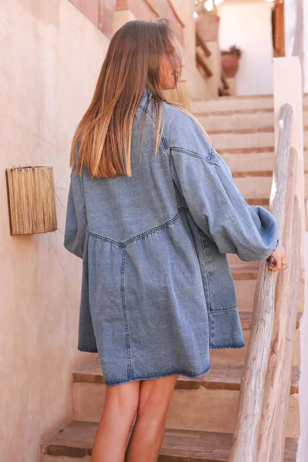 Medium Wash Heart Buttons Denim Babydoll Dress