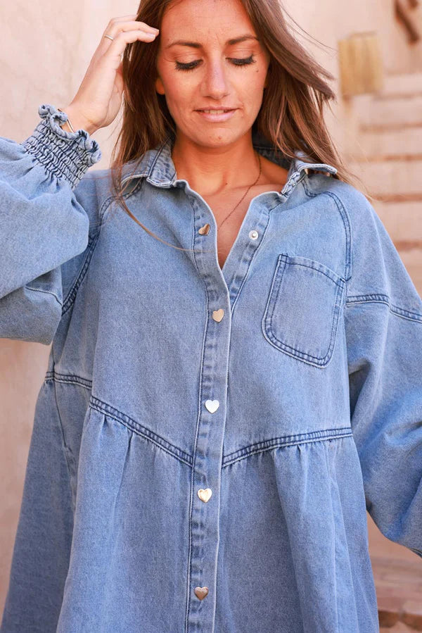 Medium Wash Heart Buttons Denim Babydoll Dress