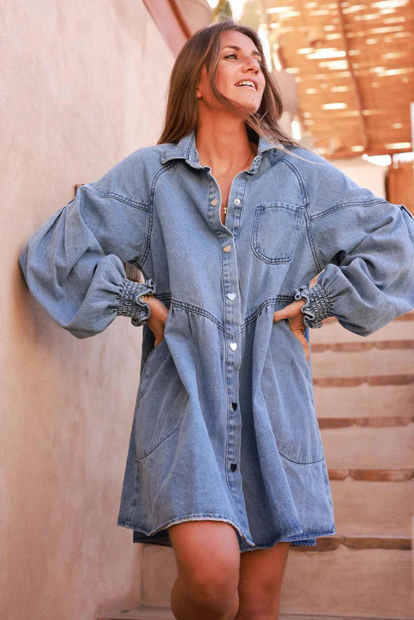 Medium Wash Heart Buttons Denim Babydoll Dress