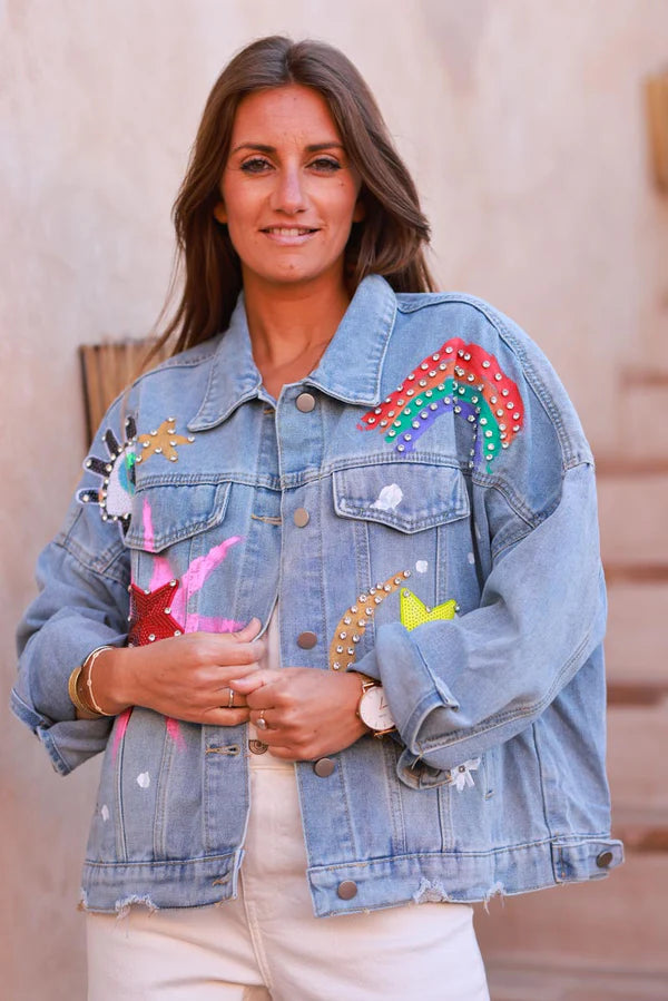 Medium Wash Heavenly Bodies Embellished Jean Jacket