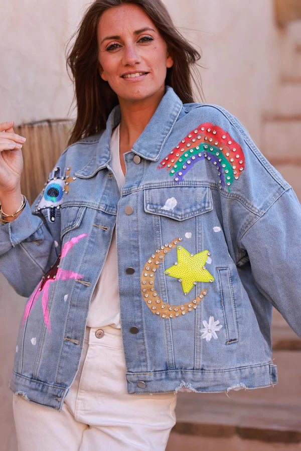 Medium Wash Heavenly Bodies Embellished Jean Jacket