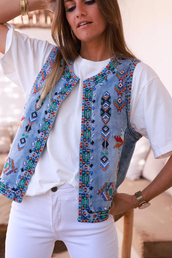 Medium Wash Tribal Embroidered Denim Vest