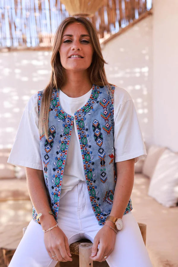 Medium Wash Tribal Embroidered Denim Vest