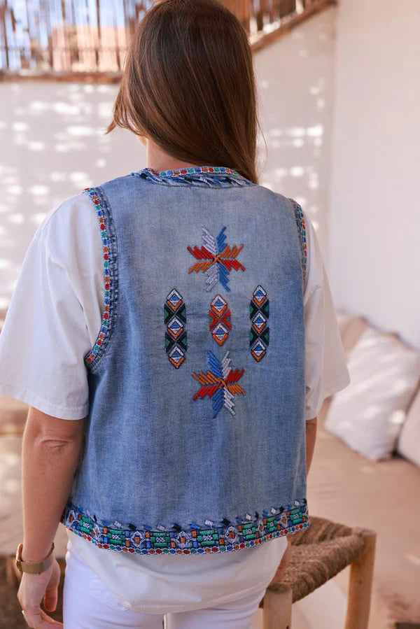 Medium Wash Tribal Embroidered Denim Vest
