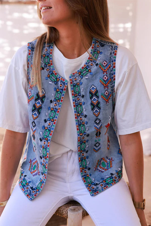 Medium Wash Tribal Embroidered Denim Vest