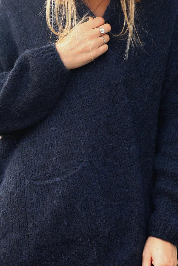 Navy blue cardigan with wrap around collar