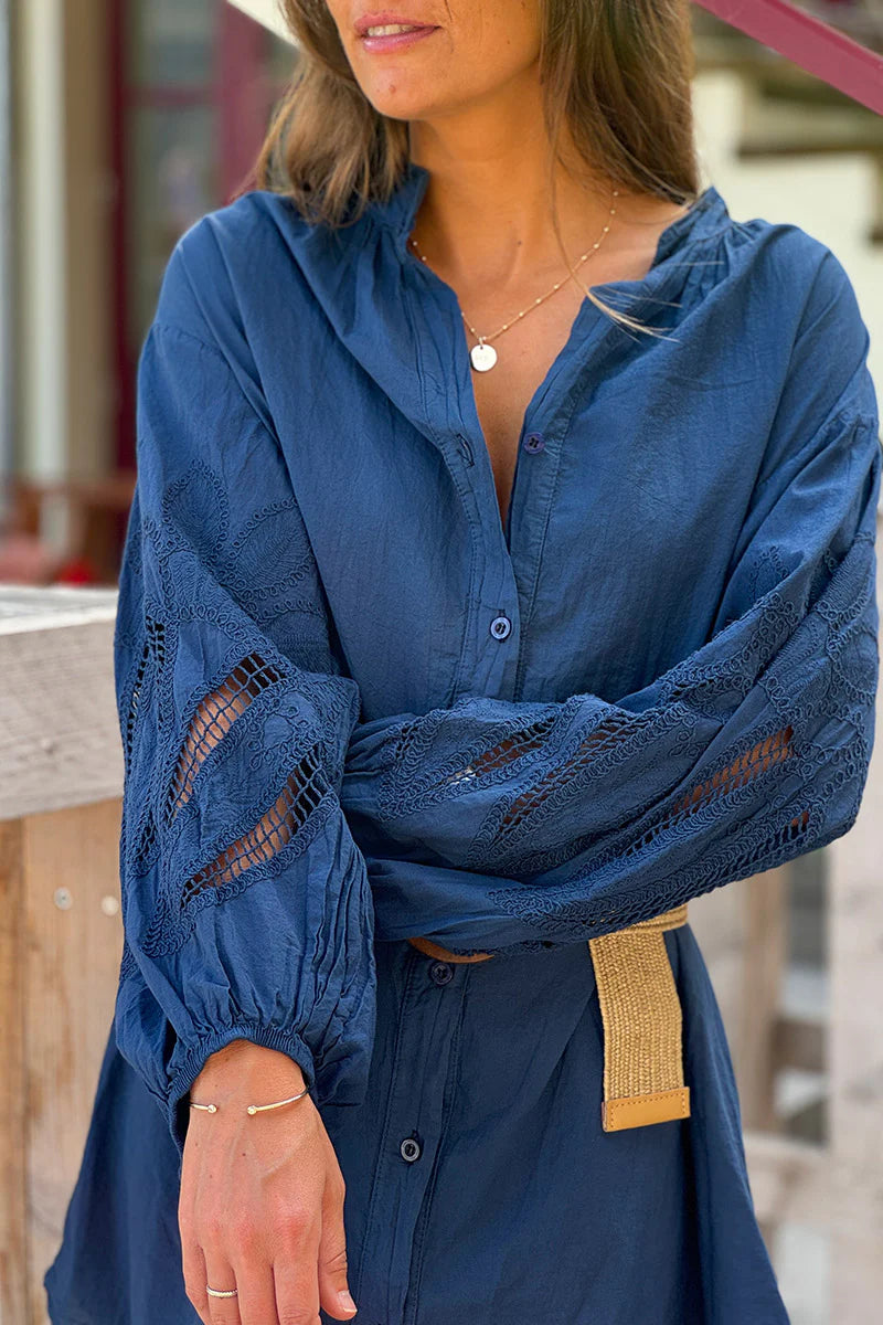 Navy Blue Crochet Sleeve Button-Down Tunic Dress