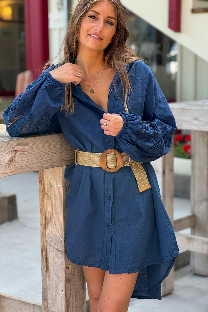 Navy Blue Crochet Sleeve Button-Down Tunic Dress