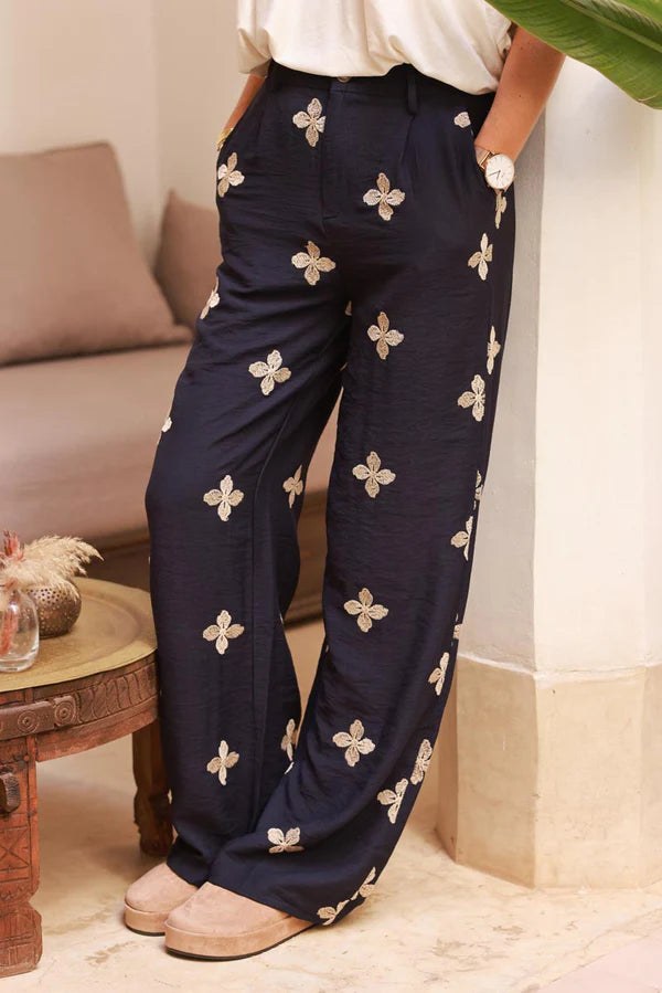 Navy blue Embroidered Viscose Pull-On Pants